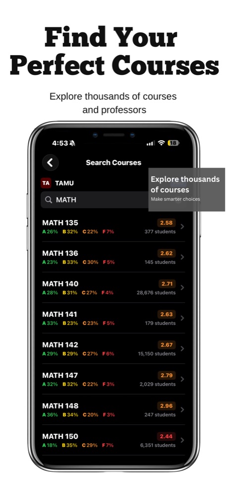 A GradeView course search listing MATH courses, each row showing the percentage of A, B, C and F grades, the grade average and the number of students on record.